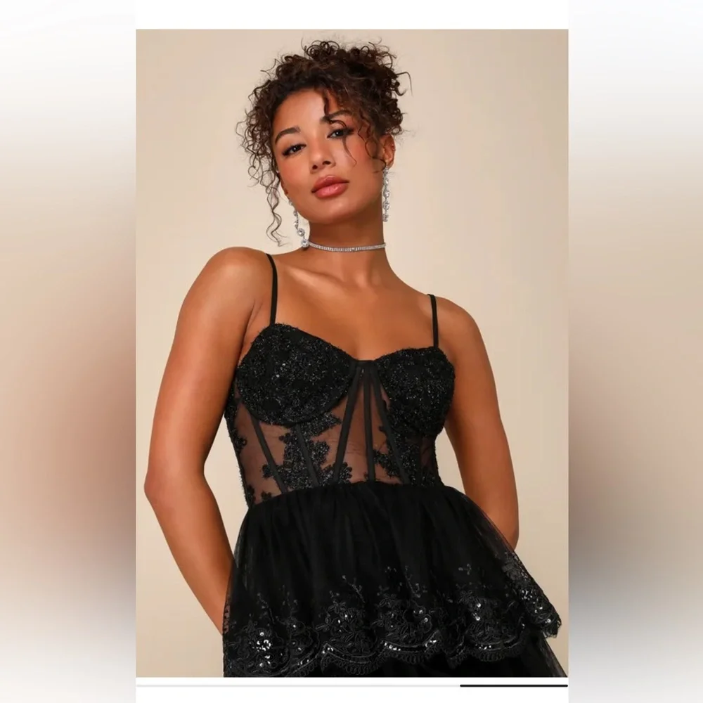 LULU’s Black 🖤 Lace Sequin Tiered Ruffle Sheer Corset Dress XL - Picture 3 of 5